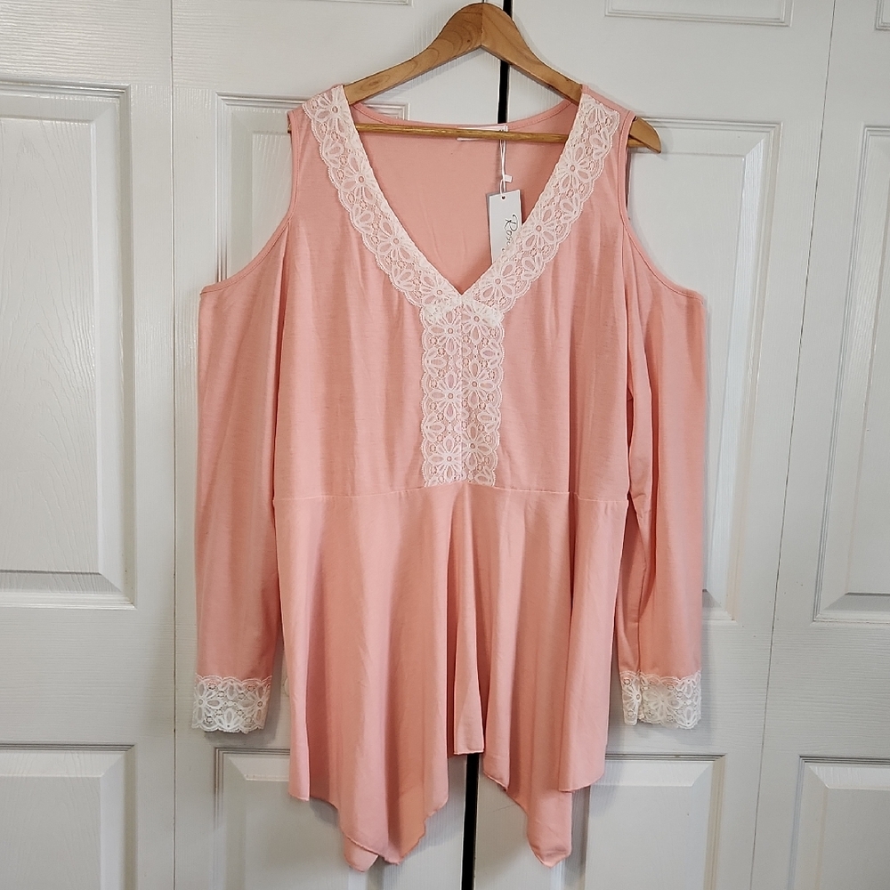 Rose Gal Blush Cold Shoulder Lace Blouse SZ 22 Boho Spring Colorful Asymetrical
